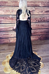 Maureen | Gothic Black V Neck Corset Backless Bell Sleeve Lace Wedding Dress - Black - PromDressClub