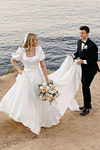 Megan | Modest Square Neck Puff Sleeve Satin Wedding Dress for Church Wedding - Ivory - PromDressClub