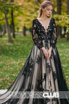 Miranda |Black And White Long Wedding Dresses Near Me With Non - Traditional Gothic Boho Lace Flowy Forest Sleeved Backless Bridal Gown Court Train - Price #price_variant_lowest# - White - PromDressClub