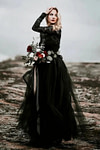 Mona | Stunning Modest Long Sleeve Black Lace and Tulle Wedding Dress no Train - Black - PromDressClub
