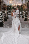 Nancy | Ethereal Deep V - neck Long Sheer Sleeve Wedding Dress Long Train with High Slit - White - PromDressClub