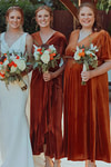 Alma | Immensely Glam Sheath Rust Orange Velvet Midi Bridesmaid Dress with V Neck and Short Sleeve - Price #price_variant_lowest# - Rust - PromDressClub