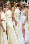 Amy | Sheath Twist Knot Pale Yellow Stretch Satin Maxi Bridesmaid Dress with Halter and Backless - Price #price_variant_lowest# - Pale Yellow - PromDressClub