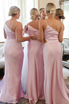 Ann | Sheath Pleated Cutout Fitted Light Pink Satin Maxi Bridesmaid Dress with Slit and One Shoulder - Price #price_variant_lowest# - Light Pink - PromDressClub