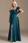 Akaks Powerful Ink Blue Bridesmaid Dresses Satin A-line Square Neck Floor Length Short Sleeve Bow Image191007