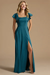 Akaks Powerful Ink Blue Bridesmaid Dresses Satin A-line Square Neck Floor Length Short Sleeve Bow Image191007
