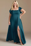 Akaks Powerful Ink Blue Bridesmaid Dresses Satin A-line Square Neck Floor Length Short Sleeve Bow Image191007