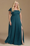 Akaks Powerful Ink Blue Bridesmaid Dresses Satin A-line Square Neck Floor Length Short Sleeve Bow Image191007
