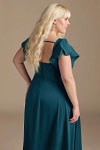 Akaks Powerful Ink Blue Bridesmaid Dresses Satin A-line Square Neck Floor Length Short Sleeve Bow Image191007