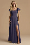 Akaks Powerful Stormy Blue Bridesmaid Dresses Satin A-line Square Neck Floor Length Short Sleeve Bow Image386661