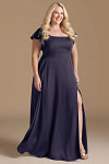Akaks Powerful Stormy Blue Bridesmaid Dresses Satin A-line Square Neck Floor Length Short Sleeve Bow Image386661