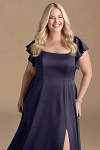 Akaks Powerful Stormy Blue Bridesmaid Dresses Satin A-line Square Neck Floor Length Short Sleeve Bow Image386661