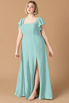 Exclusivity Aqua Bridesmaid Dresses A Line Square Neck in Chiffon with Cap Sleeved Ruffled and Slits Image288304