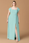 Exclusivity Aqua Bridesmaid Dresses A Line Square Neck in Chiffon with Cap Sleeved Ruffled and Slits Image504120