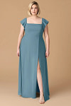 Exclusivity Bermuda Blue Bridesmaid Dresses A Line Square Neck in Chiffon with Cap Sleeved Ruffled and Slits Image125862