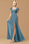 Exclusivity Bermuda Blue Bridesmaid Dresses A Line Square Neck in Chiffon with Cap Sleeved Ruffled and Slits Image150605