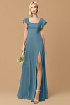 Exclusivity Bermuda Blue Bridesmaid Dresses A Line Square Neck in Chiffon with Cap Sleeved Ruffled and Slits Image550538