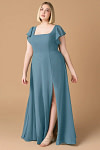 Exclusivity Bermuda Blue Bridesmaid Dresses A Line Square Neck in Chiffon with Cap Sleeved Ruffled and Slits Image579097