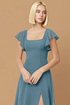 Exclusivity Bermuda Blue Bridesmaid Dresses A Line Square Neck in Chiffon with Cap Sleeved Ruffled and Slits Image826470