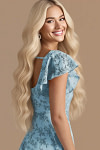 Exclusivity Blue Floral Bridesmaid Dresses A Line Square Neck in Chiffon with Cap Sleeved Ruffled and Slits Image585767 - Akaks