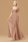 Exclusivity Champagne Rose Bridesmaid Dresses A Line Square Neck in Chiffon with Cap Sleeved Ruffled and Slits Image187990 - Akaks
