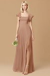 Exclusivity Champagne Rose Bridesmaid Dresses A Line Square Neck in Chiffon with Cap Sleeved Ruffled and Slits Image561280 - Akaks