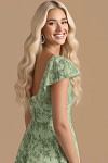 Exclusivity Green Floral Bridesmaid Dresses A Line Square Neck in Chiffon with Cap Sleeved Ruffled and Slits Image128940 - Akaks