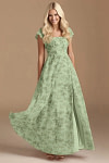Exclusivity Green Floral Bridesmaid Dresses A Line Square Neck in Chiffon with Cap Sleeved Ruffled and Slits Image702149 - Akaks