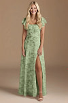 Exclusivity Green Floral Bridesmaid Dresses A Line Square Neck in Chiffon with Cap Sleeved Ruffled and Slits Image833617 - Akaks