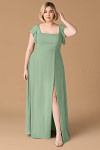Exclusivity Matcha Bridesmaid Dresses A Line Square Neck in Chiffon with Cap Sleeved Ruffled and Slits Image110830