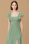 Exclusivity Matcha Bridesmaid Dresses A Line Square Neck in Chiffon with Cap Sleeved Ruffled and Slits Image142473