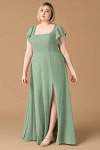 Exclusivity Matcha Bridesmaid Dresses A Line Square Neck in Chiffon with Cap Sleeved Ruffled and Slits Image423101