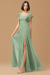 Exclusivity Matcha Bridesmaid Dresses A Line Square Neck in Chiffon with Cap Sleeved Ruffled and Slits Image940542