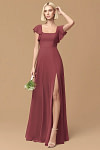 Exclusivity Merlot Bridesmaid Dresses A Line Square Neck in Chiffon with Cap Sleeved Ruffled and Slits Image141604 - Akaks