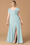 Exclusivity Mist Blue Bridesmaid Dresses A Line Square Neck in Chiffon with Cap Sleeved Ruffled and Slits Image204297