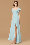 Exclusivity Mist Blue Bridesmaid Dresses A Line Square Neck in Chiffon with Cap Sleeved Ruffled and Slits Image427075