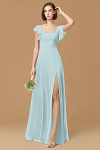 Exclusivity Mist Blue Bridesmaid Dresses A Line Square Neck in Chiffon with Cap Sleeved Ruffled and Slits Image717502
