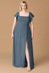Exclusivity Neptune Color Bridesmaid Dresses A Line Square Neck in Chiffon with Cap Sleeved Ruffled and Slits Image102498