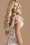Exclusivity Pink Floral Bridesmaid Dresses A Line Square Neck in Chiffon with Cap Sleeved Ruffled and Slits Image297338 - Akaks