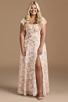 Exclusivity Pink Floral Bridesmaid Dresses A Line Square Neck in Chiffon with Cap Sleeved Ruffled and Slits Image445977 - Akaks