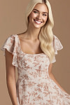 Exclusivity Pink Floral Bridesmaid Dresses A Line Square Neck in Chiffon with Cap Sleeved Ruffled and Slits Image798969 - Akaks