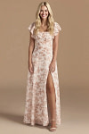 Exclusivity Pink Floral Bridesmaid Dresses A Line Square Neck in Chiffon with Cap Sleeved Ruffled and Slits Image950365 - Akaks