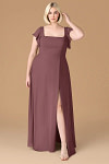 Exclusivity Sangria Bridesmaid Dresses A Line Square Neck in Chiffon with Cap Sleeved Ruffled and Slits Image763817 - Akaks