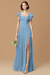 Exclusivity Steel Blue Bridesmaid Dresses A Line Square Neck in Chiffon with Cap Sleeved Ruffled and Slits Image175942