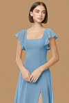 Exclusivity Steel Blue Bridesmaid Dresses A Line Square Neck in Chiffon with Cap Sleeved Ruffled and Slits Image334118