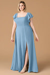 Exclusivity Steel Blue Bridesmaid Dresses A Line Square Neck in Chiffon with Cap Sleeved Ruffled and Slits Image934132