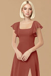 Exclusivity Terracotta Bridesmaid Dresses A Line Square Neck in Chiffon with Cap Sleeved Ruffled and Slits Image174077 - Akaks