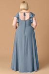 Exclusivity Twilight Blue Bridesmaid Dresses A Line Square Neck in Chiffon with Cap Sleeved Ruffled and Slits Image443381