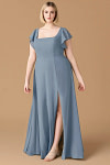 Exclusivity Twilight Blue Bridesmaid Dresses A Line Square Neck in Chiffon with Cap Sleeved Ruffled and Slits Image659814