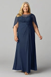 Akaks Abigail Navy Blue Mother of the Bride Dress Plus Size A-Line Floor Length Lace Capelet Chiffon Dress Image459329